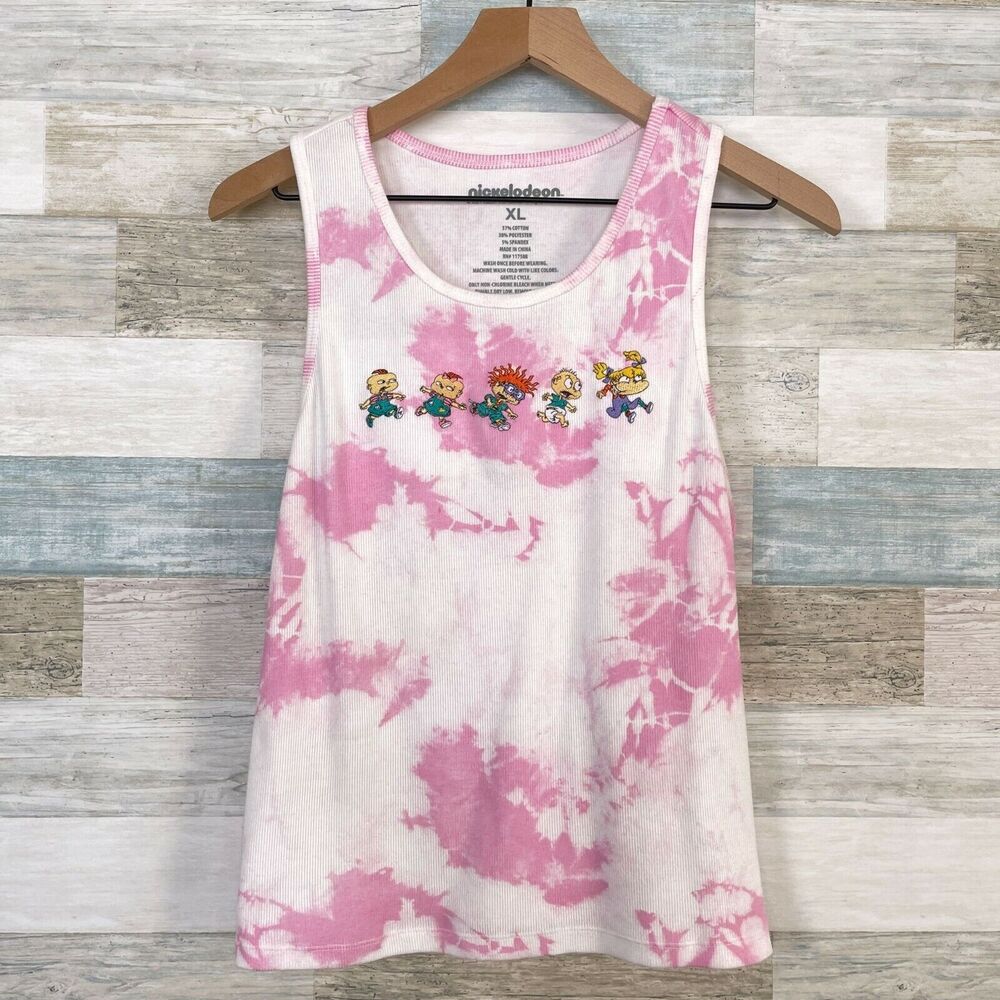 Nickelodeon Rugrats Tie Dye Tank Top Pink White Ribbed Stretch Womens XL
